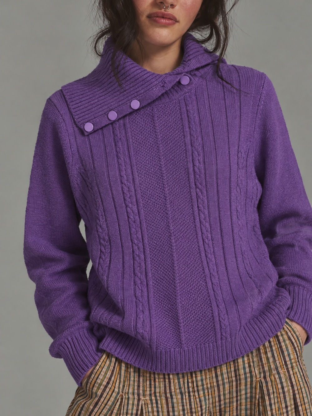 214. Purple Cable-Knit Button-Neck Women’s Sweater